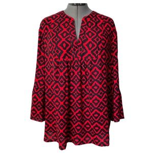 Boho geometric print tunic top with flounce sleeves XL